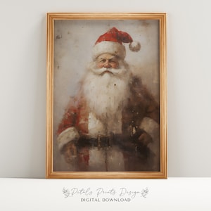 May include: A vintage-style painting of Father Christmas in a red and white suit with a white beard and a red hat. The painting is framed in a wooden frame.