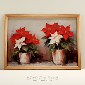 Christmas Wall Decor Printable Poinsettia XMas Painting, Rustic Christmas Art, Printable Xmas Decor-Print, Vintage Xmas Holiday ArtPrint