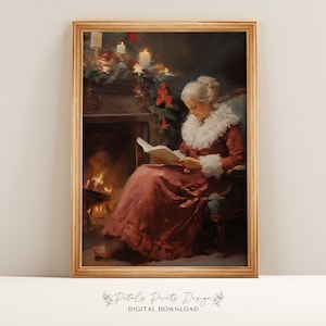 Vintage Christmas Art Print: Mrs. Claus Reading by Fireplace (Digital Download)