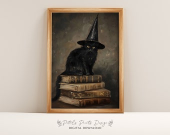 Vintage Halloween Black Cat Witch Art Print (Digital Download)