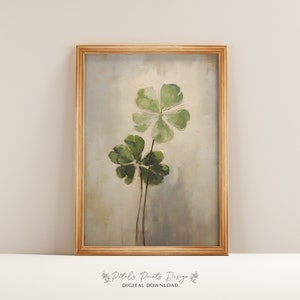 May include: A digital download of a painting featuring two green four-leaf clovers on a light blue background with a subtle brushstroke texture.