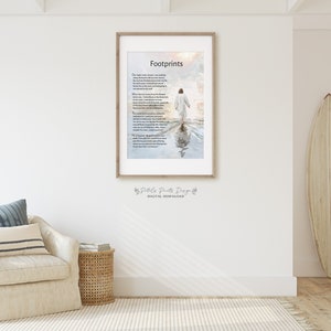 May include: A printable digital download of a poem titled "Footprints" with a watercolor illustration of a person walking on a beach with a cloudy sky in the background. The poem is about the footprints of Jesus in our lives.