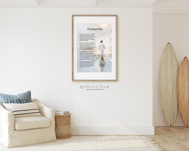 May include: A printable digital download of a poem titled "Footprints" with a watercolor illustration of a person walking on a beach with a cloudy sky in the background. The poem is about the footprints of Jesus in our lives.
