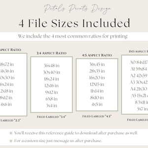 May include: A beige print with the text "Petals Prints Design" and "4 File Sizes Included." The image displays four aspect ratio charts with size options in inches and centimeters, including 2:3, 3:4, 4:5, and ISO ratios. The text also mentions a reference guide.