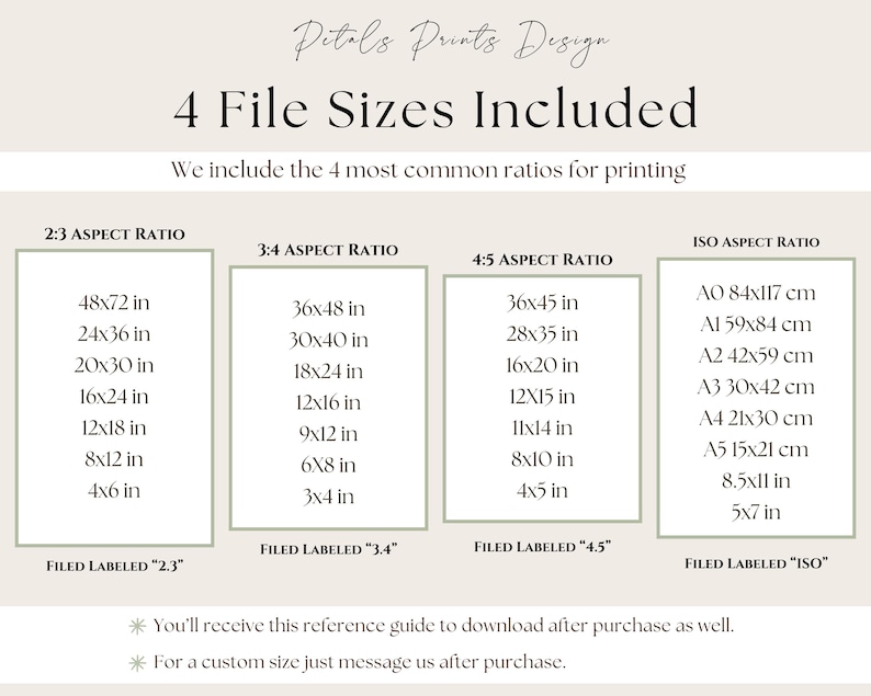 May include: A beige print with the text "Petals Prints Design" and "4 File Sizes Included." The image displays four aspect ratio charts with size options in inches and centimeters, including 2:3, 3:4, 4:5, and ISO ratios. The text also mentions a reference guide.