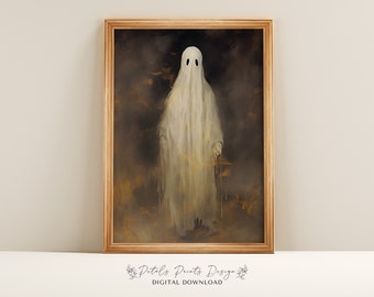 Puede incluir: Una impresión digital descargable de un fantasma blanco de pie en un bosque oscuro y brumoso. El fantasma tiene dos ojos negros y lleva una sábana blanca. El fondo es marrón oscuro con toques de oro.