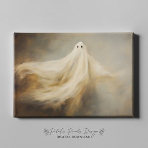 May include: A digital painting of a white ghost with a flowing sheet, set against a background of brown and grey clouds. The ghost has two black eyes.