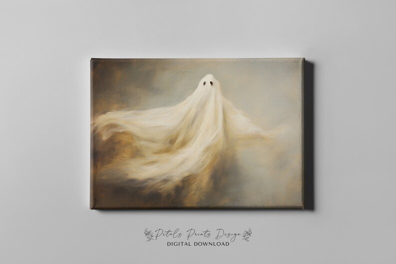 May include: A digital painting of a white ghost with a flowing sheet, set against a background of brown and grey clouds. The ghost has two black eyes.