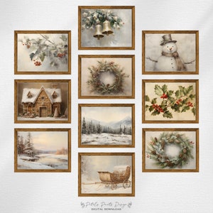 May include: A set of ten digital printable images featuring winter scenes. The images include a snowy cabin, a snowman, a wintery landscape, a wreath with pine cones, and holly berries. The images are in a watercolor style and are perfect for adding a touch of winter cheer to your home decor.