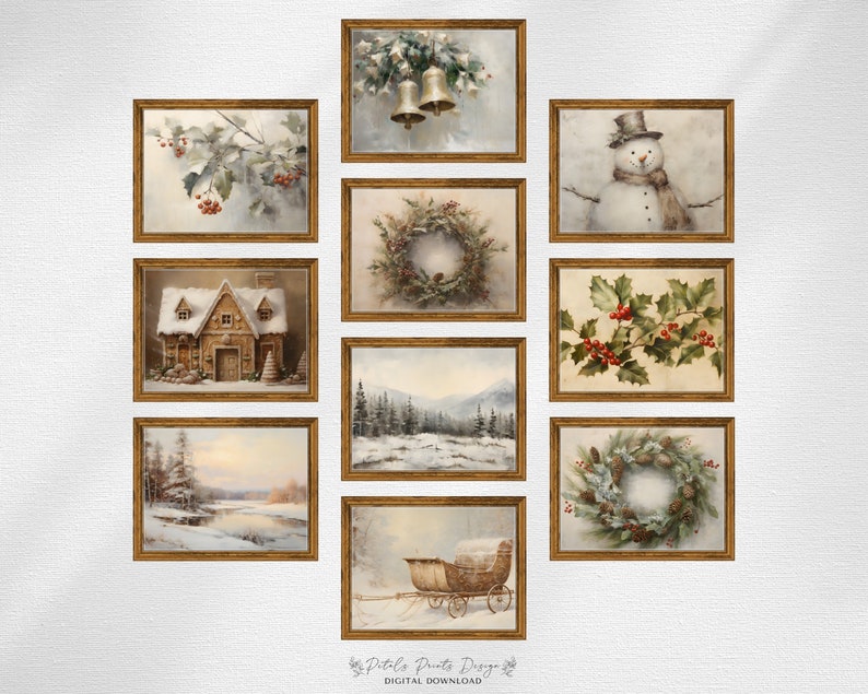 May include: A set of ten digital printable images featuring winter scenes. The images include a snowy cabin, a snowman, a wintery landscape, a wreath with pine cones, and holly berries. The images are in a watercolor style and are perfect for adding a touch of winter cheer to your home decor.