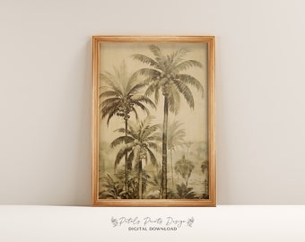 Puede incluir: Una impresión enmarcada de una ilustración vintage de palmeras con cocos. La impresión está en tonos marrones y beige y tiene un fondo texturizado.