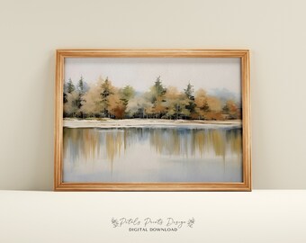 Printable Vintage Landscape Oil Painting, Vintage Landscape Print, Rustic Lakeshore Landscape Painting Printable, Nature Lake Download able