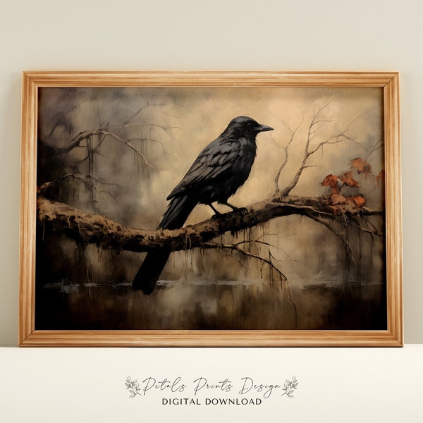 Halloween Wall Art Printable Crow Halloween Rustic Halloween Decor Halloween Painting Vintage Raven Painting Vintage Style Halloween Print