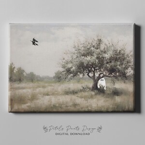 May include: A digital painting of a spooky Halloween scene with a white ghost standing under a tree in a field. Two black birds fly overhead.