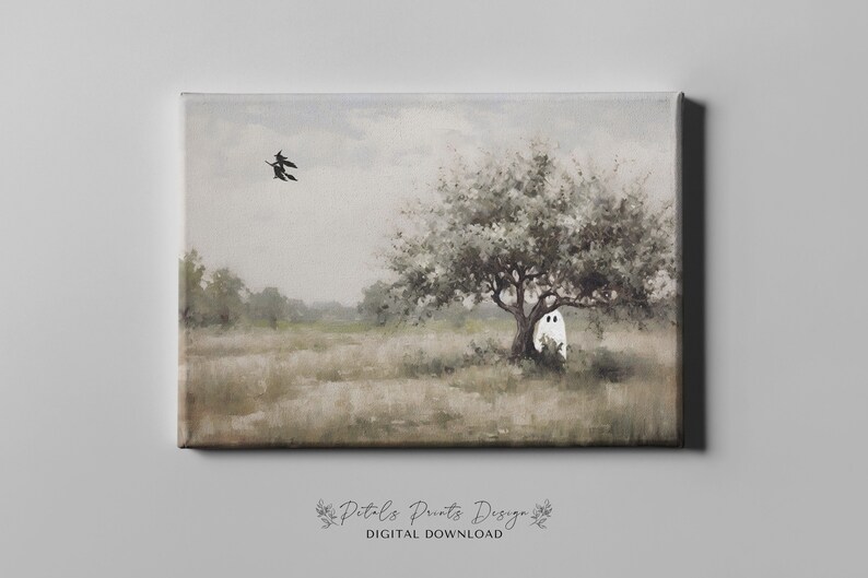 May include: A digital painting of a spooky Halloween scene with a white ghost standing under a tree in a field. Two black birds fly overhead.