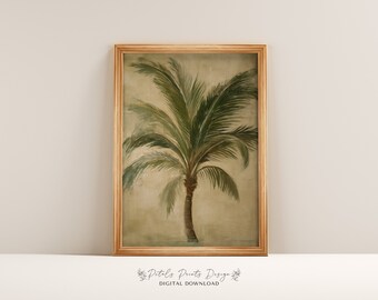 Puede incluir: Una impresión enmarcada de una ilustración vintage de una palmera con hojas verdes sobre un fondo beige.