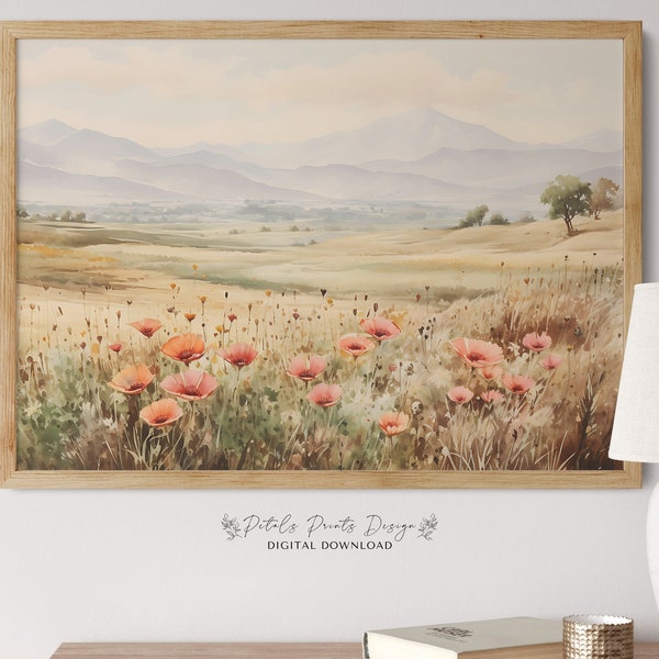 Printable Wildflower Field Landscape Oil Painting, Vintage Farm House, Country Field Landscape Painting Printable, Wildflower Download able