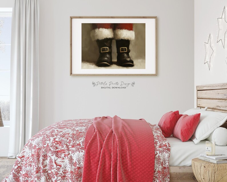 May include: A digital download of a painting of Santa's boots. The boots are brown leather with black buckles and white fur trim. The boots are set against a white background.