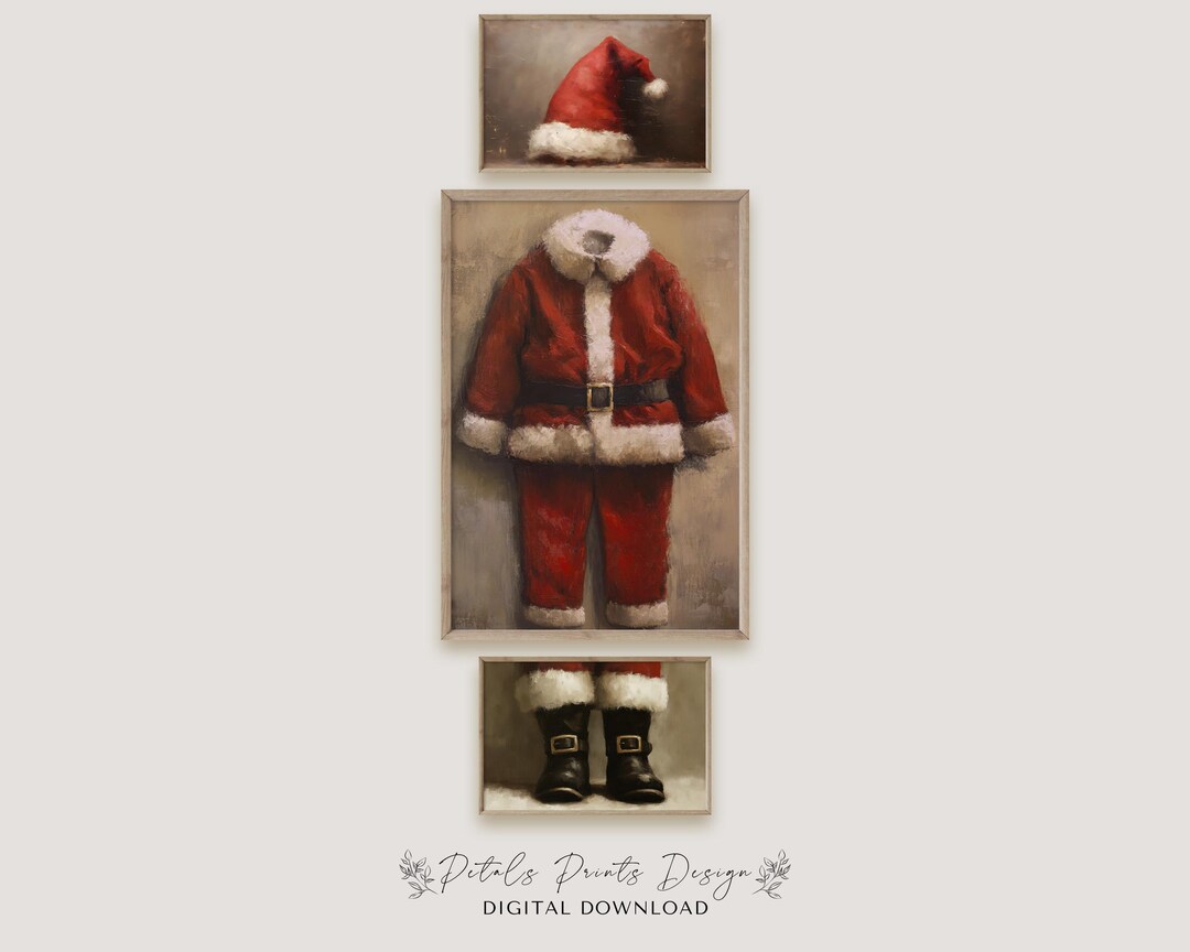 Christmas Wall Decor Printable Santa Suit Painting SET of 3 Rustic Christmas Art Collage Xmas ...
