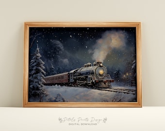 May include: A vintage steam locomotive train travels through a snowy forest at night. The train is illuminated by its headlights and the steam from its engine. The sky is dark and starry, and the snow is falling softly.