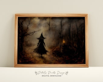 Stampa vintage di Halloween con strega: decorazione rustica da strega (download digitale)