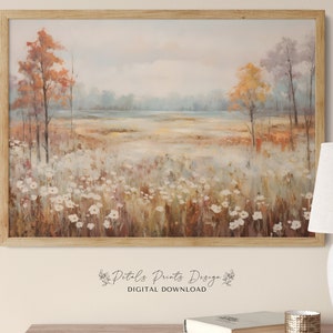 Printable Wildflower Field Landscape Oil Painting, Vintage Farm House, Country Field Landscape Painting Printable, Wildflower Download able