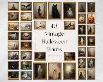 May include: A collage of 40 vintage Halloween-themed prints in gold frames. The prints feature images of ghosts, bats, pumpkins, witches, black cats, and other spooky elements. The text "40 Vintage Halloween Prints" is displayed in the center of the collage.