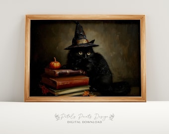 Impressão vintage de gato de Halloween: pintura de gato preto com bruxa (download digital)