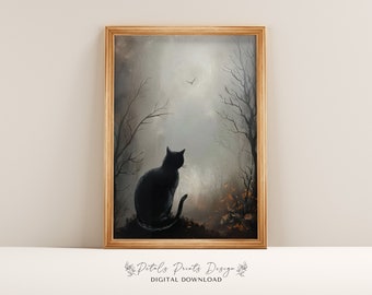 Vintage Halloween Cat Painting: Rustic Wall Art (Digital Download)