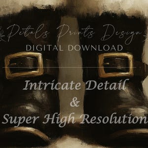 May include: A pair of brown leather boots with gold buckles. The boots are worn and have a distressed look. The text "Intricate Detail & Super High Resolution" is written on the image.