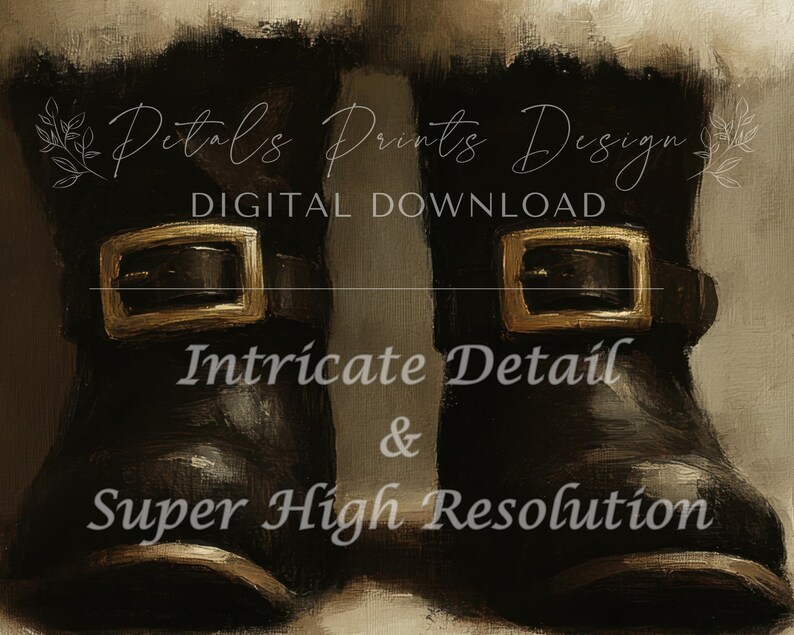 May include: A pair of brown leather boots with gold buckles. The boots are worn and have a distressed look. The text "Intricate Detail & Super High Resolution" is written on the image.