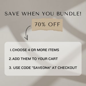 May include: A white rectangle with a black border and text that reads "SAVE WHEN YOU BUNDLE! 70% OFF" with a black arrow pointing down. Below the rectangle is a list of instructions in black text: "1. CHOOSE 4 OR MORE ITEMS", "2. ADD THEM TO YOUR CART", and "3. USE CODE "SAVEON4" AT CHECKOUT".