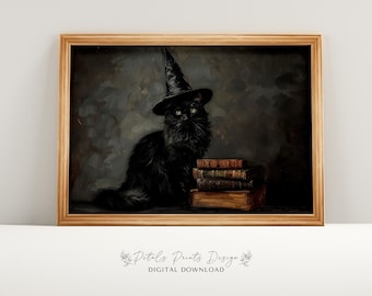Impressão vintage de gato de Halloween: pintura de gato preto com bruxa (download digital)