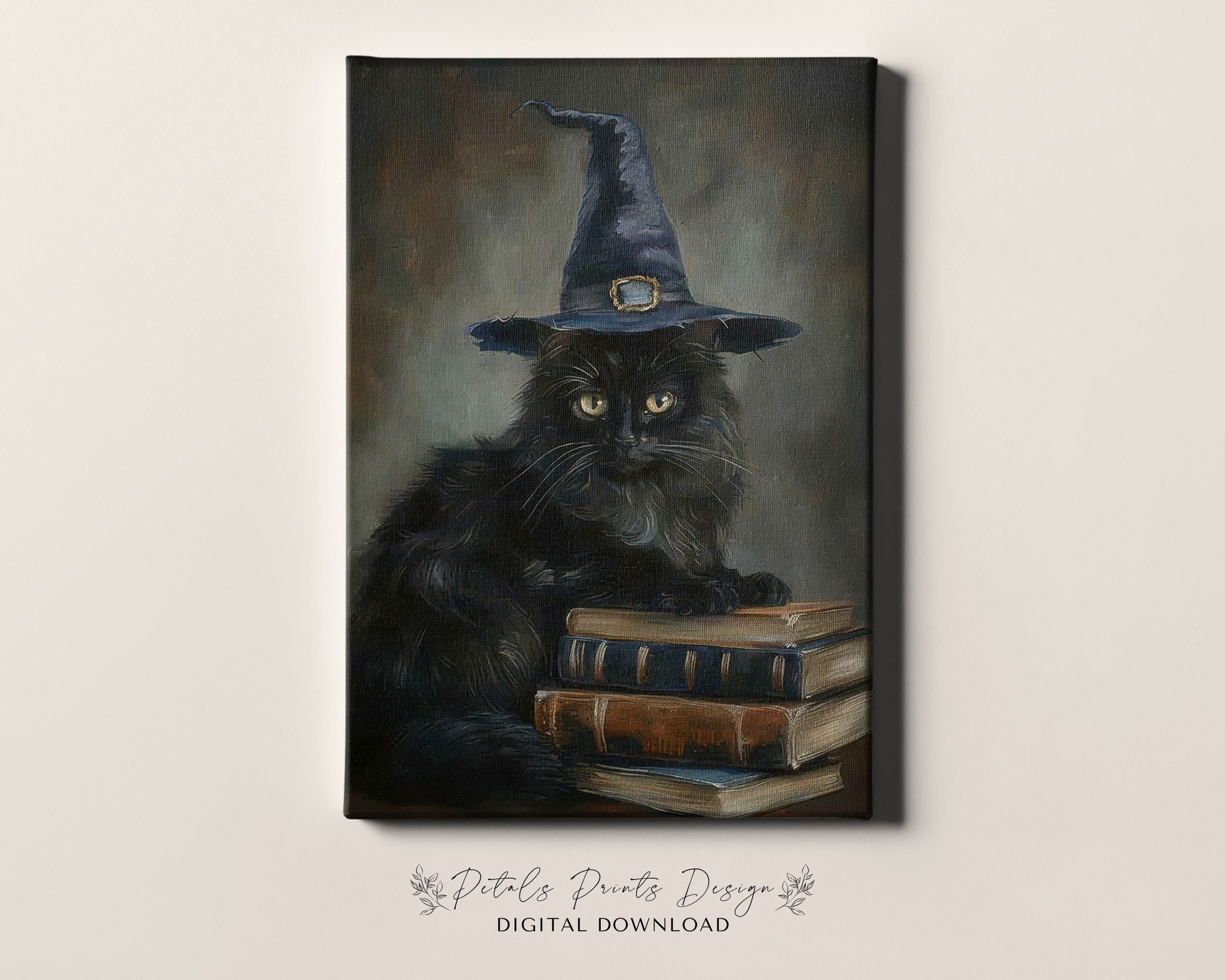 ヴィンテージハロウィンプリント：魔女の黒猫の絵画（デジタル