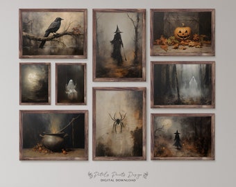 May include: A set of nine digital printable Halloween art prints featuring spooky scenes with a witch, a ghost, a spider, a cauldron, a crow, a pumpkin, and a moon. The prints are in a dark, moody style with a vintage aesthetic.