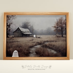 Ghosts Art Print, Halloween Art Print, Halloween Decor, Cute Ghosts in Field, Spooky Vintage Halloween, Printable Wall Art, Digital Download