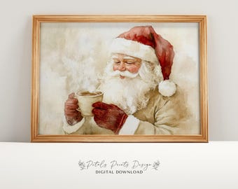 May include: A watercolour painting of a Father Christmas with a white beard and red hat holding a cup of hot chocolate. The background is a light brown colour.