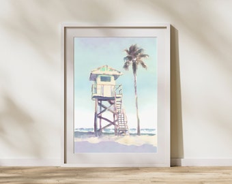 Boho Beachy Watercolor Wall Art of a Lifeguard Tower and Tall Palm Tree