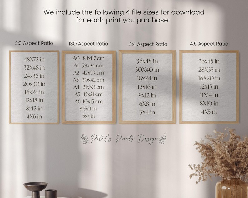 May include: A white background with four frames showing different aspect ratios and their corresponding print sizes in inches and centimeters. The frames are labeled 2:3 Aspect Ratio, ISO Aspect Ratio, 3:4 Aspect Ratio, and 4:5 Aspect Ratio. The text "Pitals Prints Design" is at the bottom of the image.