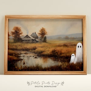 Ghosts Art Print, Halloween Art Print, Halloween Decor, Cute Ghosts in Field, Spooky Vintage Halloween, Printable Wall Art, Digital Download