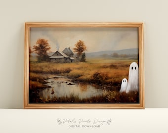 Vintage Halloween Ghosts Art Print: Spooky Autumn Landscape (Digital Download)