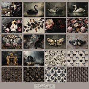 May include: A collection of digital art prints featuring vintage-style illustrations. The images include floral arrangements, swans, moths, a staircase, a castle, and patterned designs in muted tones of black, gold, and cream.