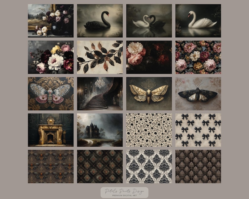 May include: A collection of digital art prints featuring vintage-style illustrations. The images include floral arrangements, swans, moths, a staircase, a castle, and patterned designs in muted tones of black, gold, and cream.