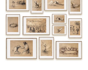 Jesus' Life Hand Sketched Gallery Wall – Christian Line Art - Minimalist Christian Sketch (Digital Download)