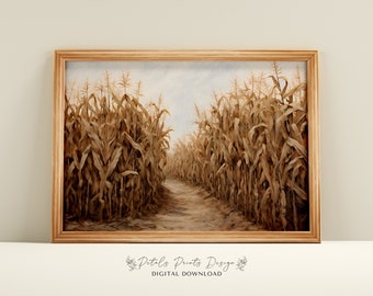 May include: A digital download of a painting depicting a path through a field of tall, dry corn stalks. The path is dirt and the corn stalks are a light brown color. The sky is a light blue with some clouds.