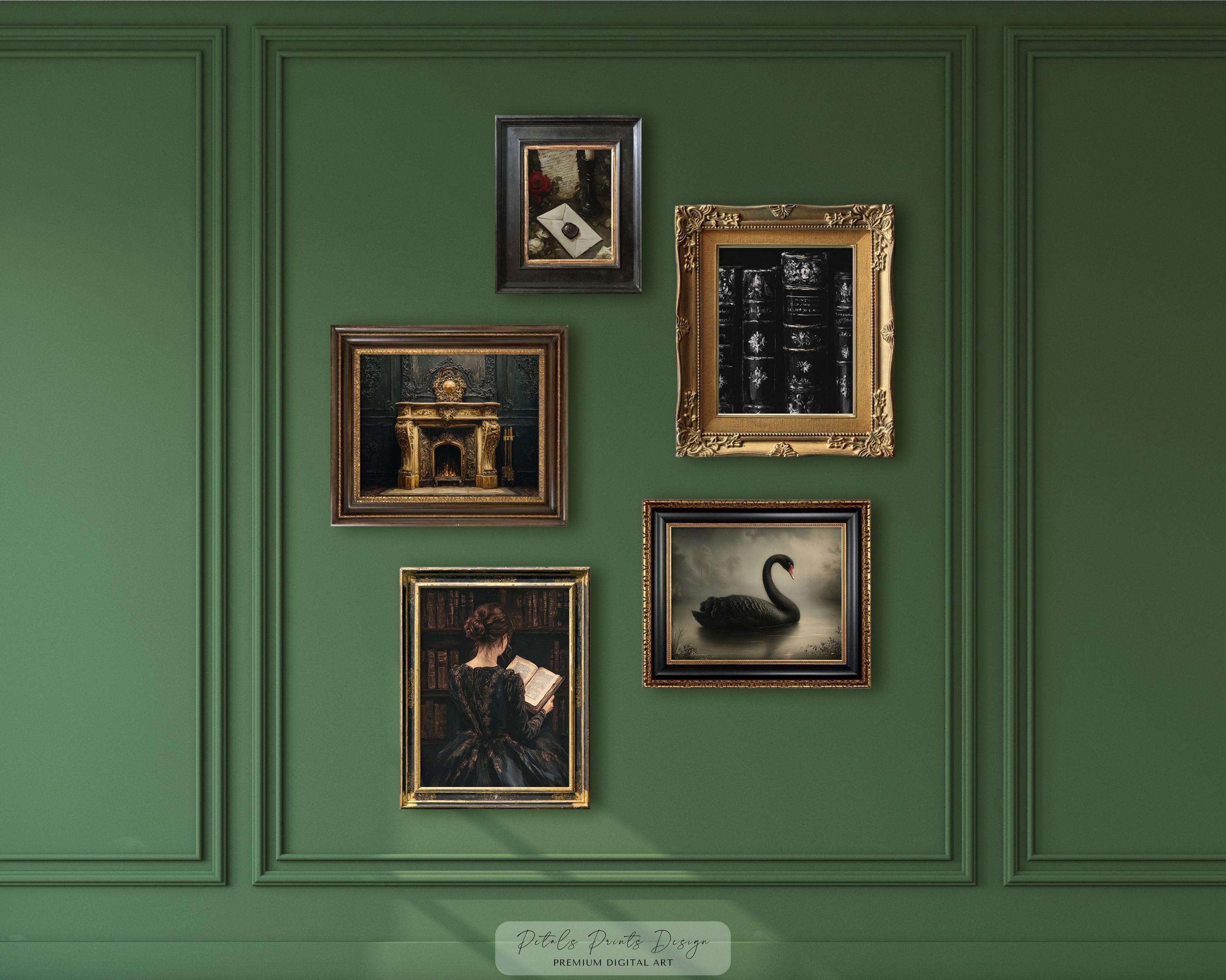May include: A collection of framed art prints displayed on a green wall. The prints feature various subjects, including a swan, a fireplace, a woman reading, and stacks of books. The frames are ornate, with gold and dark wood finishes.