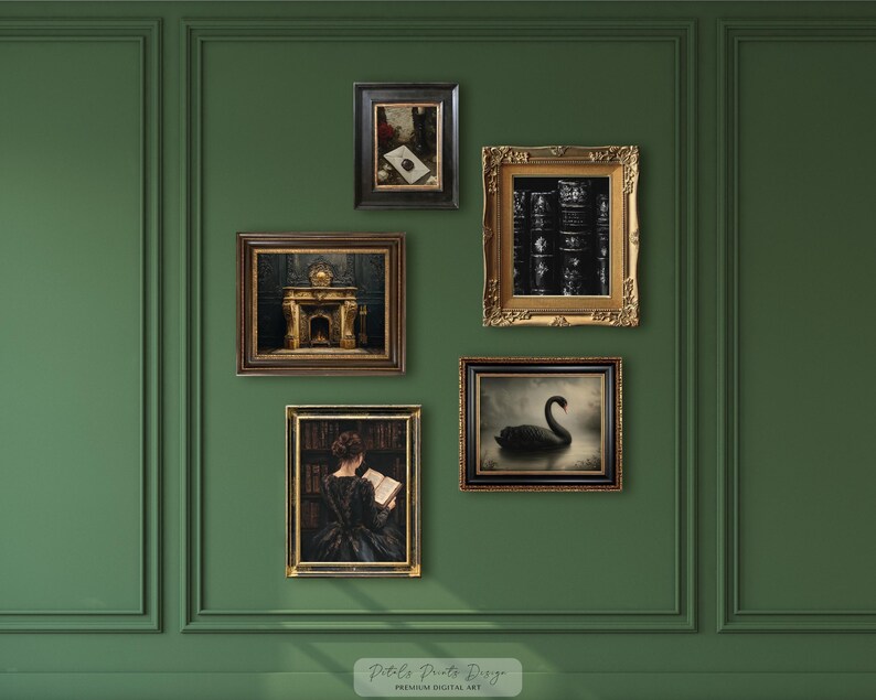 May include: A collection of framed art prints displayed on a green wall. The prints feature various subjects, including a swan, a fireplace, a woman reading, and stacks of books. The frames are ornate, with gold and dark wood finishes.