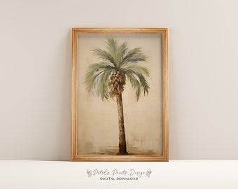 Puede incluir: Una impresión enmarcada de una pintura de acuarela de una palmera con hojas verdes y cocos marrones. El fondo es de color beige claro.