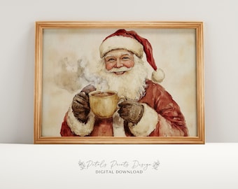 May include: A watercolour painting of Father Christmas wearing a red suit and a white beard, holding a mug of hot chocolate. The background is a soft, beige colour.