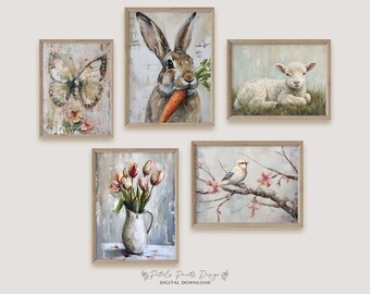 Vintage Spring Gallery Wall Art Set: Rustic Rabbit Prints (Digital Download)